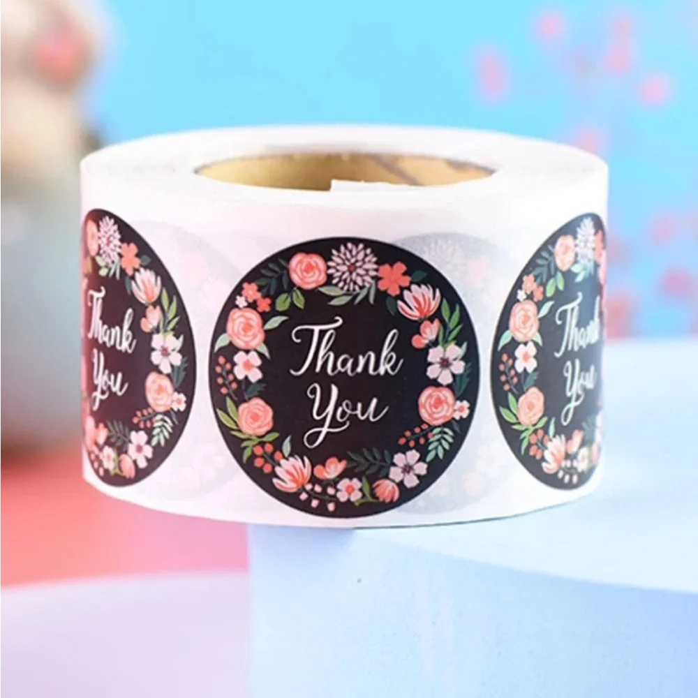 Thank you Stickers black floral - 1 Roll (500 stickers)